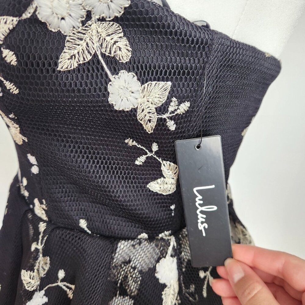 Lulus How Sweet Black Embroidered Strapless Mesh Tiered Mini Dress Small NWT - Picture 7 of 16
